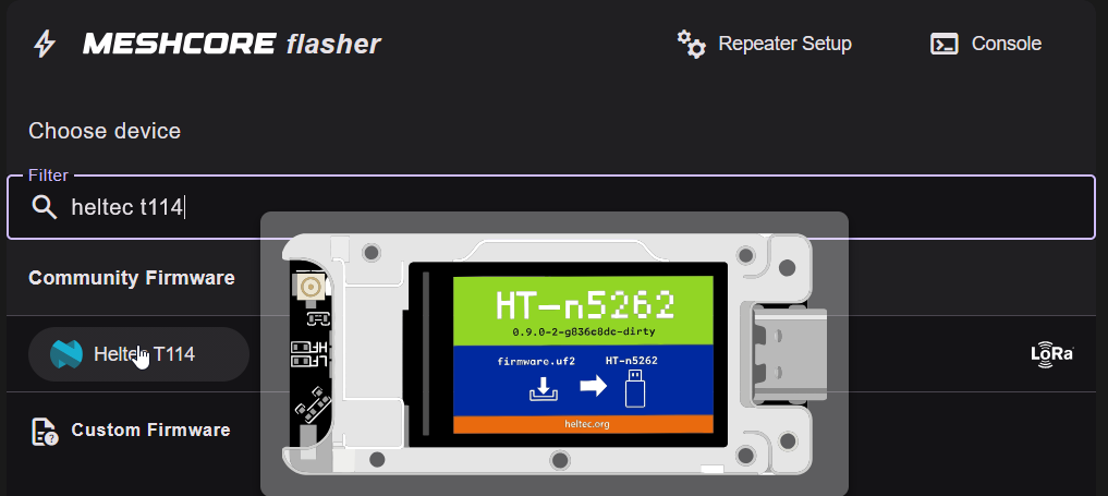 A screenshot of the Meshcore Web Flasher, showing an example image of the Heltec T114