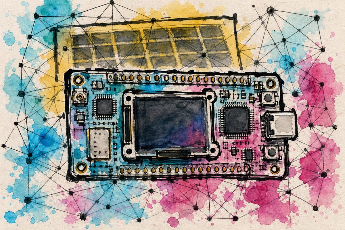 artistic rendering of a Heltec V4 in front of a solar panel