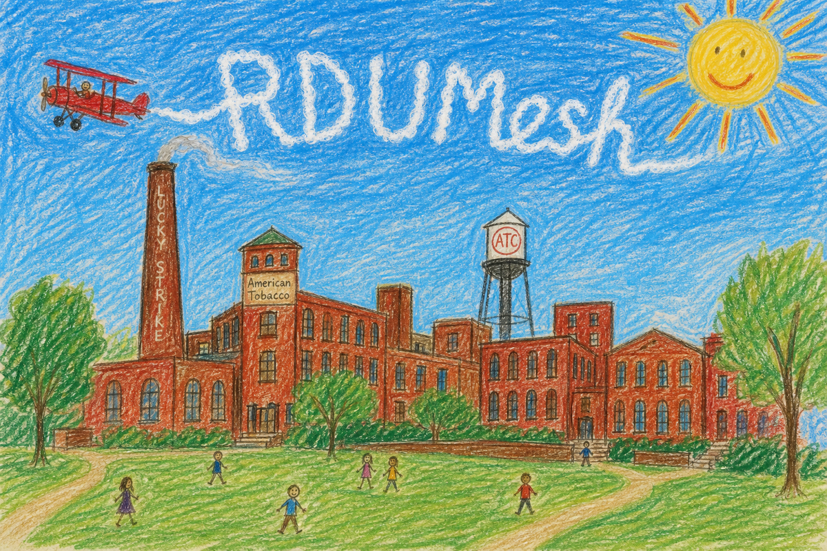 Childlike crayon drawing of the American Tobacco Campus in Durham with a red biplane skywriting RDUMesh across a sunny blue sky