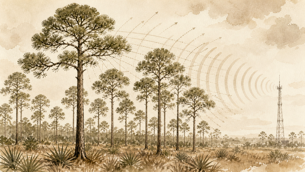 Sepia-toned watercolor scene of longleaf pine trees with soft ink outlines with fading radio signals from a distant tower.