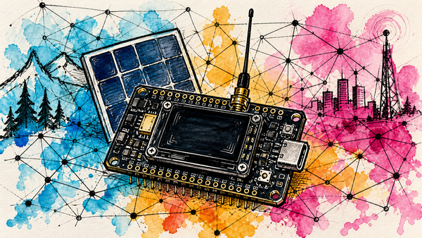Zine-style sharpie and watercolor illustration of a Heltec WiFi LoRa 32 V4 repeater board with antenna and solar panel, wireframe topology lines spreading across mountains and city skyline.